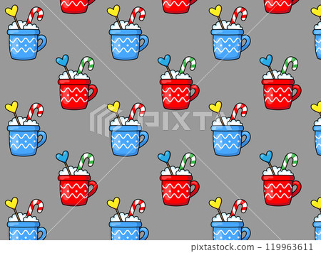 Cozy winter pattern. Cups with sweets. Hot drink. Vector illustration 119963611