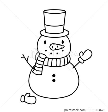 Cute snowman in a top hat. Coloring page. Vector illustration 119963620