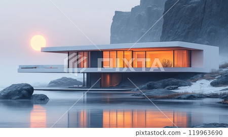 Minimalist Modern House with a View of the Sunset 119963690