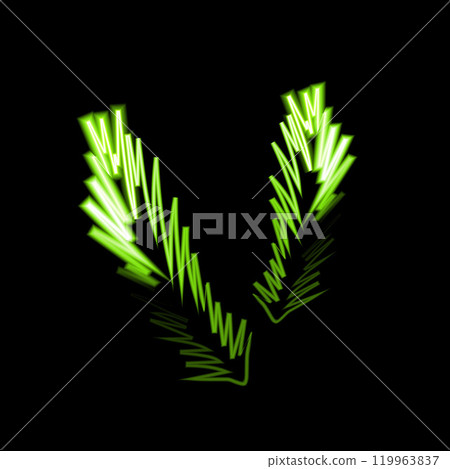 Vivid neon green pine branches designed in a striking formation on a black backdrop 119963837