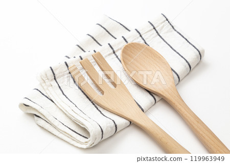 Cooking spoon and fork on white background 119963949