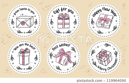 Christmas gift round tag set. Circle winter holiday labels. You are the best. Vector template in doodle style. 119964098