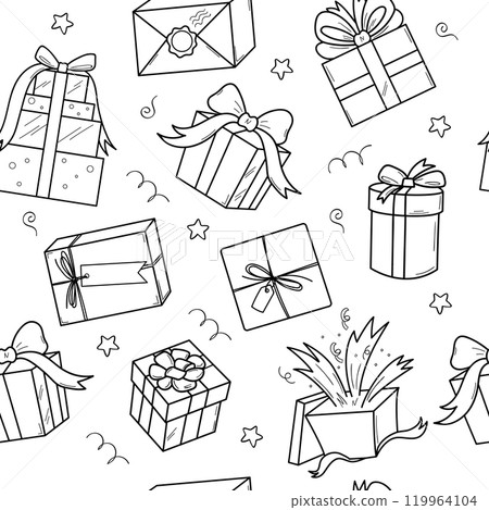 Cute gifts, beautiful boxes, holiday presents. Festive seamless vector pattern of doodle icons on a white background. 119964104