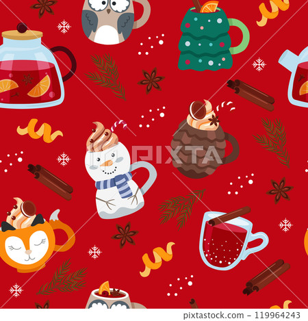 Winter drinks red seamless pattern. Funny mugs in the form of characters. Christmas vector bright colorful background for packaging, fabric, paper. Winter drinks red seamless pattern. Funny mugs in the form of characters. Christmas vector bright colorful background for packaging, fabric, paper. 119964243