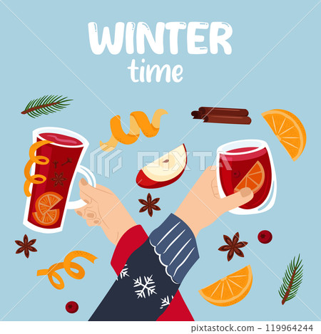 Winter time greeting card. Hands with a mug of mulled wine. Vector template. 119964244