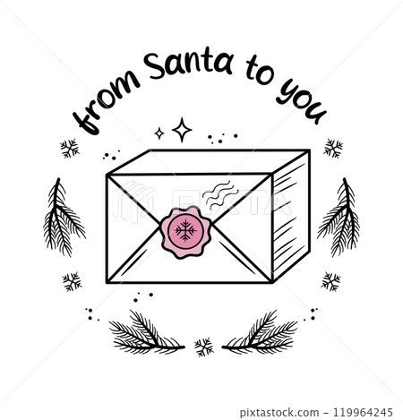 Christmas gift. Winter holiday label. From Santa to you. Vector greeting card template in doodle style. Christmas gift. Winter holiday label. From Santa to you. Vector greeting card template in doodle style. 119964245