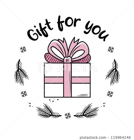 Christmas gift. Winter holiday label. Gift for you. Vector greeting card template in doodle style. 119964246