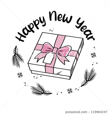 Christmas gift. Winter holiday label. Inscription - Happy New Year. Vector greeting card template in doodle style. 119964247