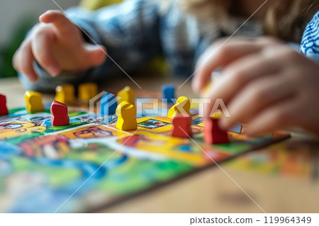 Close-up of hands of a kids playing a board game. 119964349
