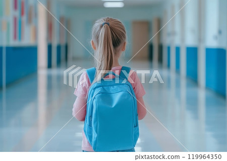 Back view of a girl kid entering the classroom with his backpack. 119964350