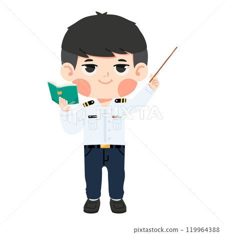Boy Teacher holding a book and pointing at something Boy Teacher holding a book and pointing at something 119964388