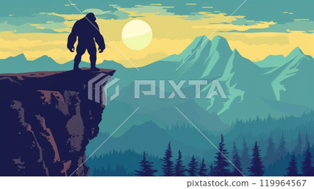 bigfoot stand on cliff in nature landscape illustration 119964567