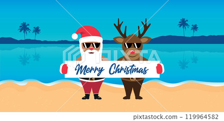 cute santa and deer with sunglasses on paradise beach summer christmas holiday vector illustration cute santa and deer with sunglasses on paradise beach summer christmas holiday vector illustration 119964582