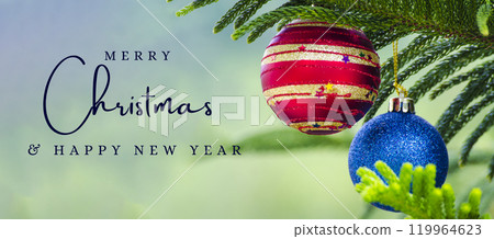 Merry Christmas and Happy New Year Wishes with Christmas ball and pine tree background. Christmas celebration concept 119964623