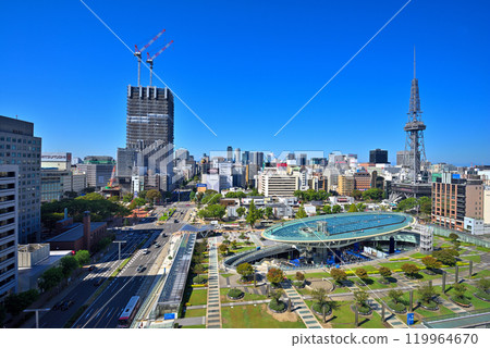 Aichi Prefecture Nagoya cityscape: Oasis 21, Nagoya TV Tower, and Sakae streetscape on a clear day 119964670