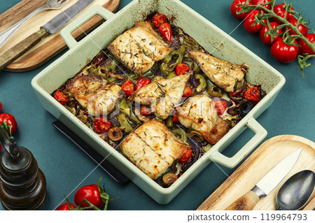 Baked or fried mackerel fish. 119964793