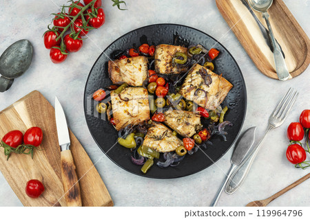 Oven baked mackerel. Oven baked mackerel. 119964796