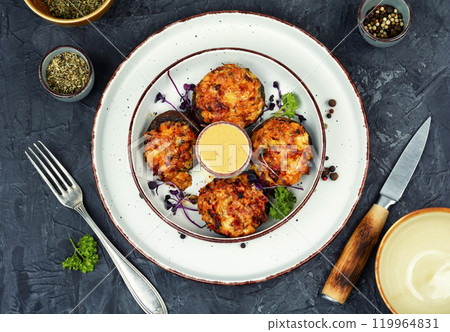 Stuffed champignon mushroom caps. Stuffed champignon mushroom caps. 119964831
