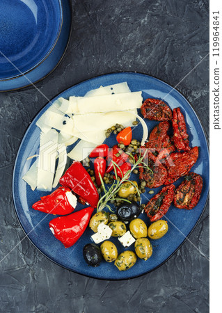 Greek antipasti snacks set. Greek antipasti snacks set. 119964841