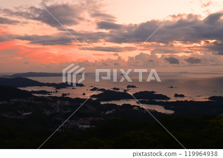 Kujukushima Islands at dusk as seen from Mount Yumiharidake in Nagasaki Prefecture Kujukushima Islands at dusk as seen from Mount Yumiharidake in Nagasaki Prefecture 119964938