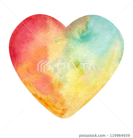 Bright heart with red, yellow and turquoise colors blending into each other isolated on white. Hand painted watercolor illustration. Perfect St Valentine day, for love cards, posters, textile decor 119964939
