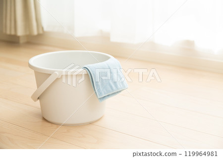 A bucket and a rag on the floor of a house 119964981