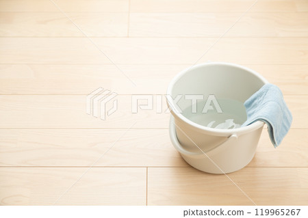水桶和抹布放在房子的地板上 119965267