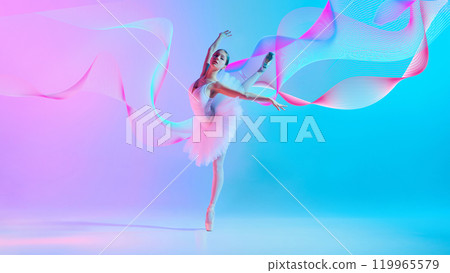 Creative design. Graceful young girl, ballerina dancing with elegance against pink blue neon background with abstract flow elements. 119965579