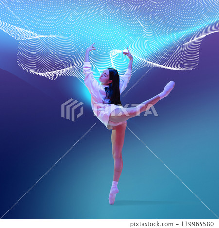 Creative design. Contemporary dancer in graceful pose, illuminated by vibrant blue and purple lights against futuristic digital backdrop. Creative design. Contemporary dancer in graceful pose, illuminated by vibrant blue and purple lights against futuristic digital backdrop. 119965580