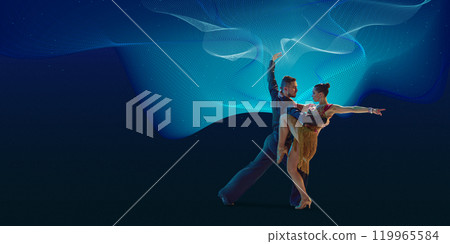 Passionate artistic dancers, man and woman performing tango against blue background with abstract neon elements. 119965584