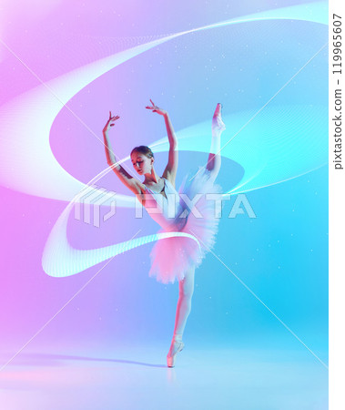 Creative design. Graceful young girl, ballerina dancing with elegance against pink blue neon background with abstract elements. Flow motion 119965607