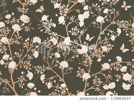 Blossom trees with flowers and butterflies. Blossom trees with flowers and butterflies. 119965637