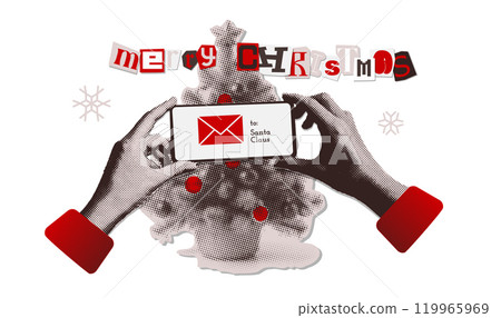 Christmas collage for holiday decoration. Halftone hands holding smartphone with Santa Claus letter in front of decorative fir tree. Vector illustration. Monochrome with red 119965969