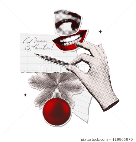 Trendy punk collage with magazine cutouts - letter to Santa, hand with pencil, xmas tree bauble and smiling eye and mouth. Funny creative Christmas art. Dear Santa letter. Vector 119965970
