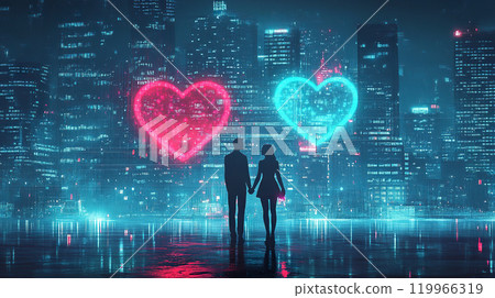 couple holding hands in cityscape with glowing hearts, symbolizing love and connection. 119966319