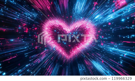 vibrant heart shape made of glowing particles radiates energy in blue and pink hues 119966329