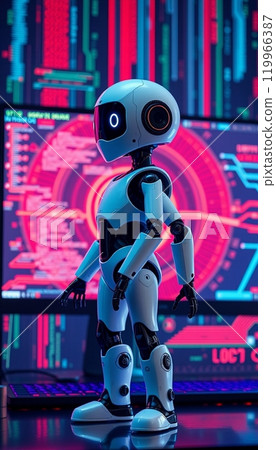 Robot standing in front of computer screen. cyber background 119966387