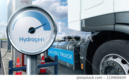 A hydrogen fuel cell semi truck with H2 gas cylinder onboard next to filling station. Eco-friendly commercial vehicle concept A hydrogen fuel cell semi truck with H2 gas cylinder onboard next to filling station. Eco-friendly commercial vehicle concept 119966604