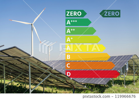 Solar panels and wind turbines on a field. Sustainable energy 119966676