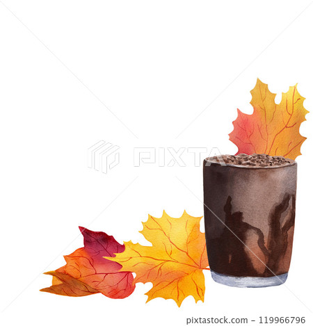 Postcard with maple leaves and a glass of coffee with chocolate. Watercolor illustration on white background for banners, postcards, websites, cards 119966796