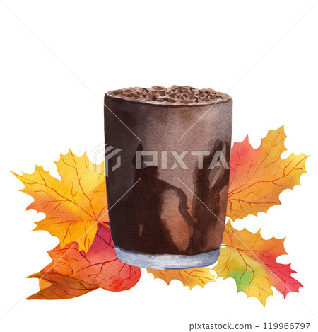 Maple leaves and a glass of coffee with chocolate. Watercolor illustration on white background for banners, postcards, websites, card, menus, postcard 119966797