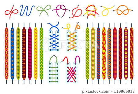 Different shoelaces and lacing. Ornamental shoelace for sneakers boots shoes. Footwear accessories various design, neoteric flat vector clipart Different shoelaces and lacing. Ornamental shoelace for sneakers boots shoes. Footwear accessories various design, neoteric flat vector clipart 119966932