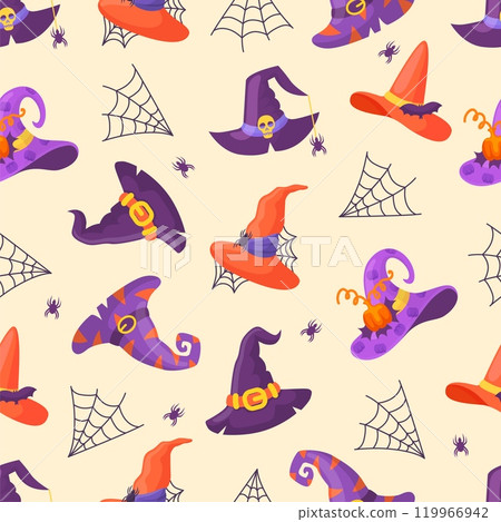 Witch hats background. Magician hat spiders web seamless pattern. Halloween festive costume accessories. Autumn holidays symbols neoteric vector print Witch hats background. Magician hat spiders web seamless pattern. Halloween festive costume accessories. Autumn holidays symbols neoteric vector print 119966942