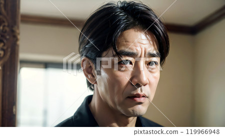 A middle-aged man with a grumpy face indoors, generative AI_wide 119966948