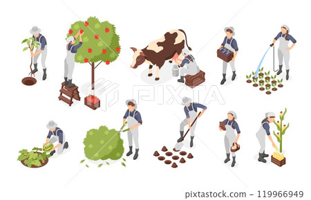 Isometric garden agriculture elements. Farmers collect harvest, fruits and vegetables. Workers with cow and chicken, farm animals, flawless vector set Isometric garden agriculture elements. Farmers collect harvest, fruits and vegetables. Workers with cow and chicken, farm animals, flawless vector set 119966949