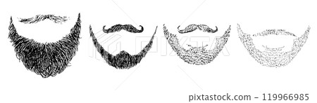 Vector collection of masculine beards and mustaches in black and white. Hand-drawn outlines show a range of facial hair styles, from rugged stubble to handlebar. For grooming or barbershop themes 119966985
