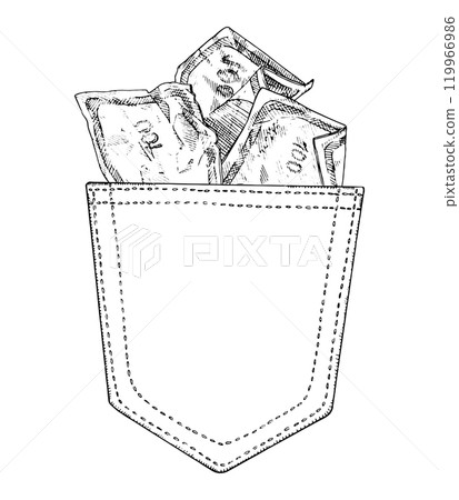 Vector illustration of pocket money in black and white. Sketch style cash and banknotes. Perfect for finance or budgeting themes. Hand drawn cash with space for text Vector illustration of pocket money in black and white. Sketch style cash and banknotes. Perfect for finance or budgeting themes. Hand drawn cash with space for text 119966986