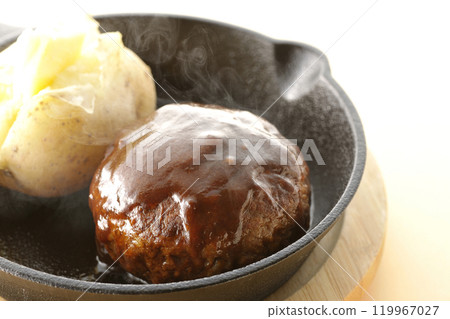 Hot hamburger steak and hot buttered potatoes 119967027
