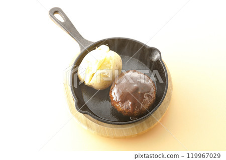 Hot hamburger steak and hot buttered potatoes Hot hamburger steak and hot buttered potatoes 119967029