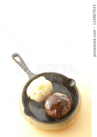 Hot hamburger steak and hot buttered potatoes 119967033